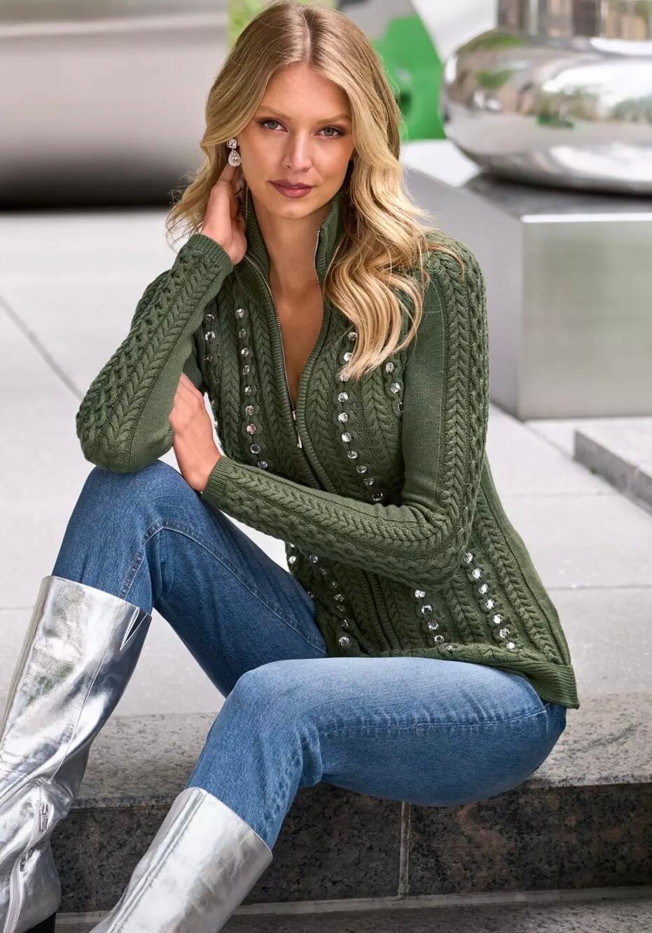 Turtle neck Zip Up Cable Embellished Cardigan Sweater